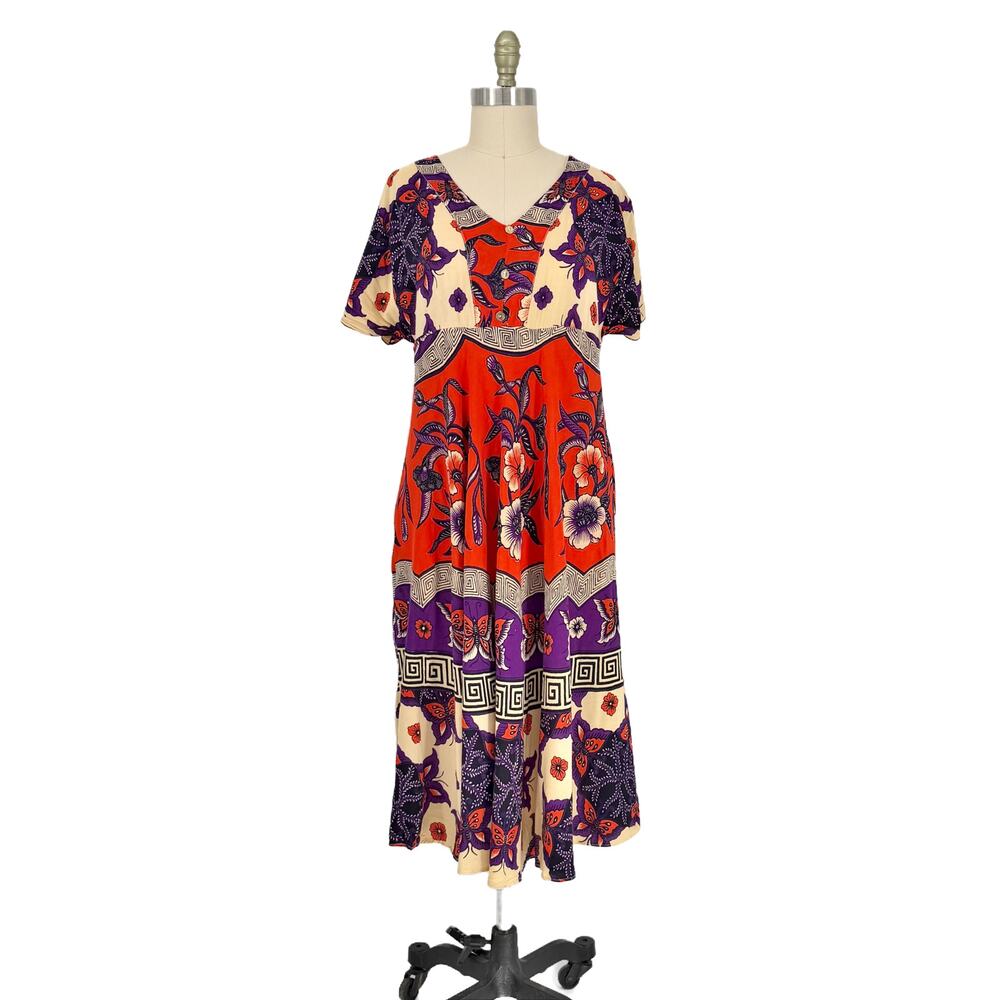 Vtg Jaya Baya Batik Floral Midi Dress size M/L Indonesia Wax Block Print - Picture 2 of 11